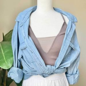 Old Navy Chambray Blouse Oversized Blue Button Down Top Casual Boho Cotton XL